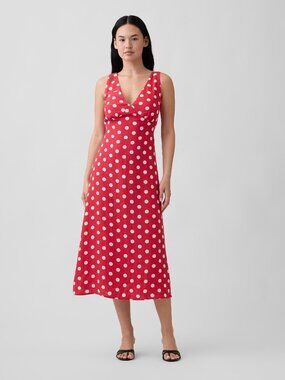 Gap Womens Large Tall Linen-Blend V-Neck Red Polka Dot Midi Dress 75% off Retail